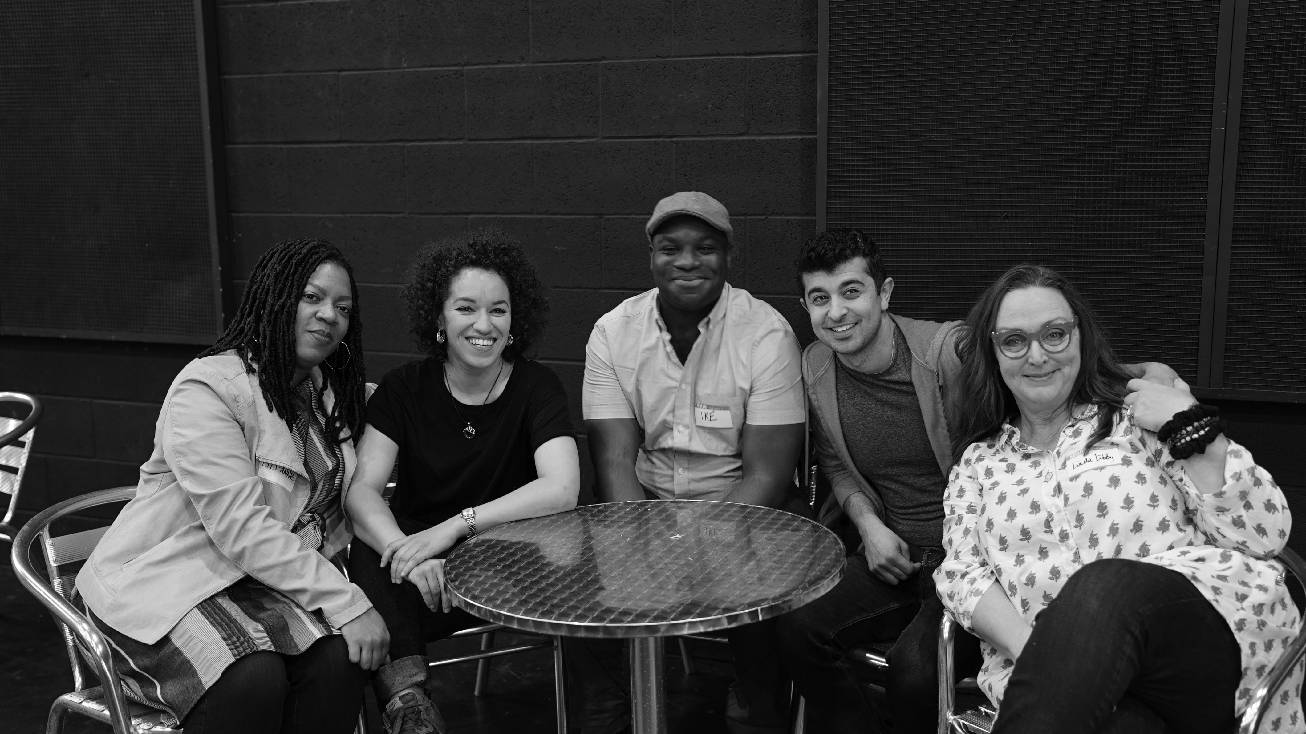 (L-R) Lili-Anne Brown, Shannon Matesky, Ike Holter, Behzad Dabu and Linda Libby at first rehearsal; photo by Nancy Showers.