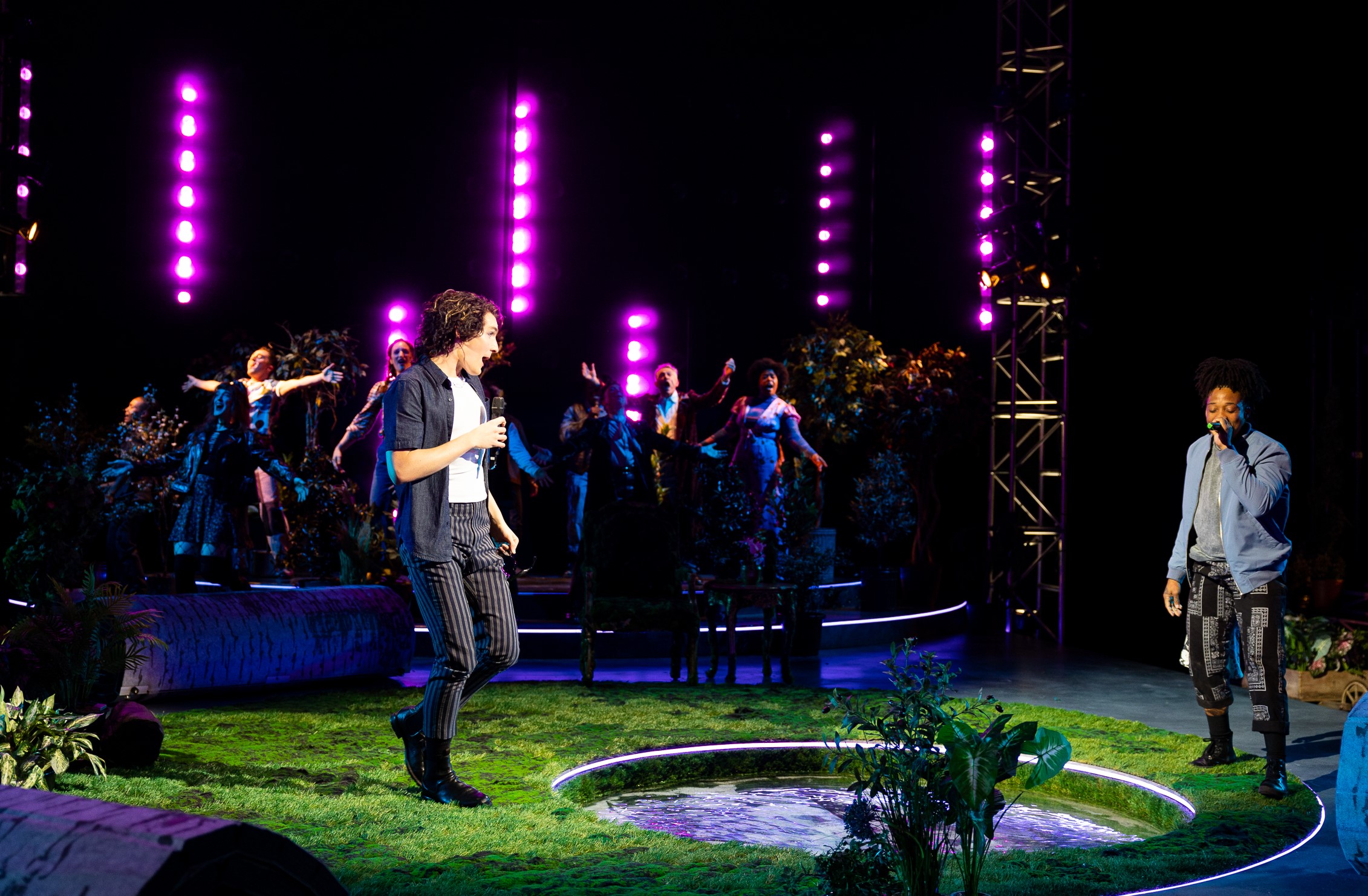 (L-R) Peter Smith as “Rosalind” and Esco Jouléy as “Orlando” with the cast of La Jolla Playhouse’s production of AS YOU LIKE IT, by William Shakespeare, co-directed by Christopher Ashley and Will Davis, running through December 11, produced in association with Diversionary Theatre; photo by Rich Soublet II.