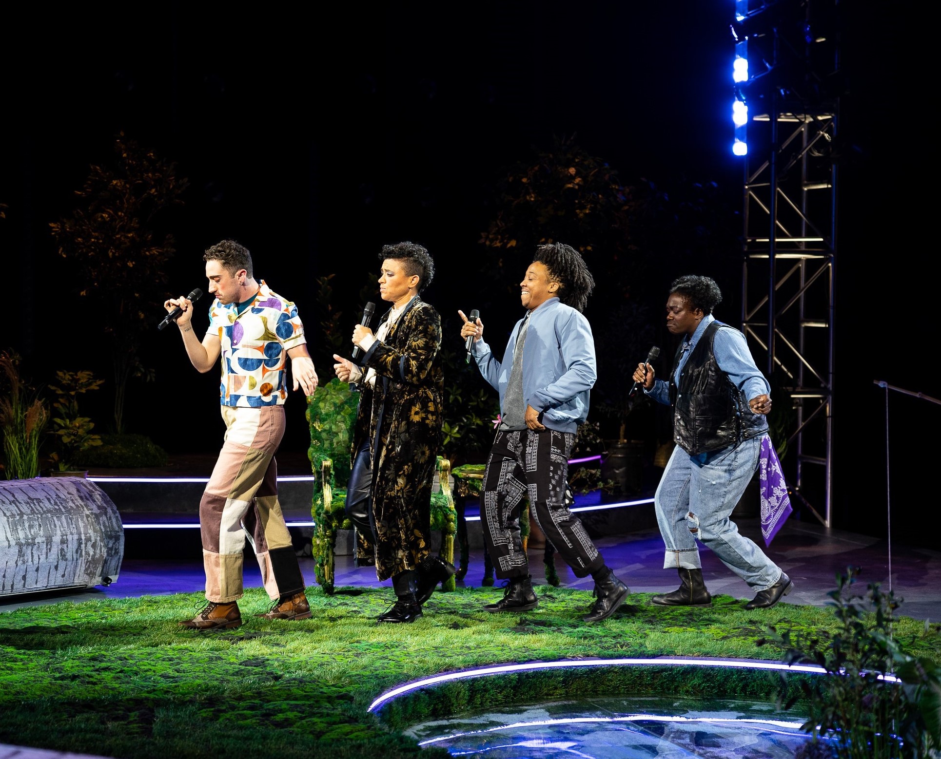 (L-R) Cody Sloan, Rami Margron, Esco Jouléy and Taiwo Sokan in La Jolla Playhouse’s production of AS YOU LIKE IT, by William Shakespeare, co-directed by Christopher Ashley and Will Davis, running through December 11, produced in association with Diversionary Theatre; photo by Rich Soublet II.