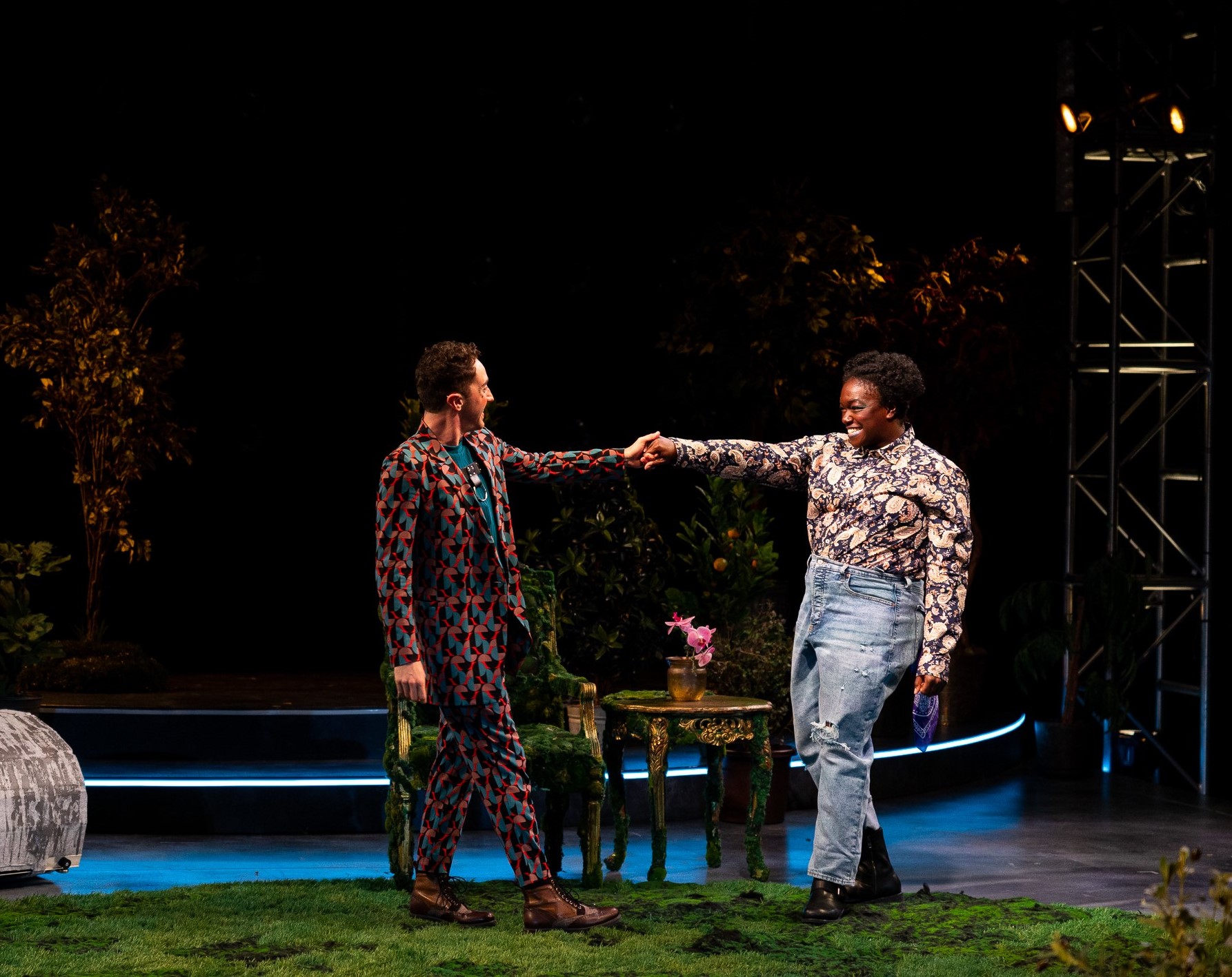 Cody Sloan as “Touchstone” and Taiwo Sokan as “Audrey” in La Jolla Playhouse’s production of AS YOU LIKE IT, by William Shakespeare, co-directed by Christopher Ashley and Will Davis, running through December 11, produced in association with Diversionary Theatre; photo by Rich Soublet II.