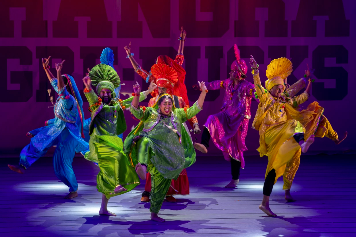 The cast performing the vibrant finale number of “Bhangin’ It: A Bangin’ New Musical,” running at the La Jolla Playhouse through April 17.(Gina Ferazzi/Los Angeles Times)