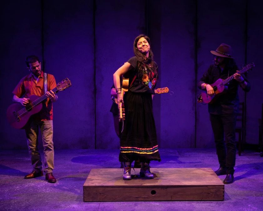Carlo Albán, left, Jen Anaya and Sinuhé Padilla in En Garde Arts’ “Fandango for Butterflies (and Coyotes),” opening Aug. 30 at La Jolla Playhouse. (Courtesy of Maria Baranova)