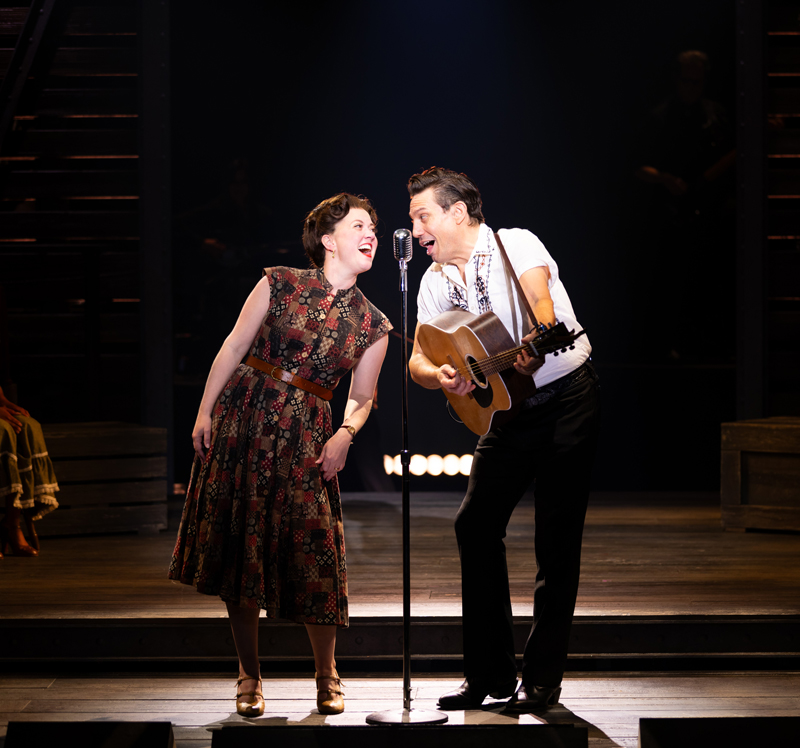 Patti Murin as “June Carter Cash” and Christopher Ryan Grant as “Johnny Cash” in La Jolla Playhouse’s world-premiere production of THE BALLAD OF JOHNNY AND JUNE; photo by Rich Soublet II.
