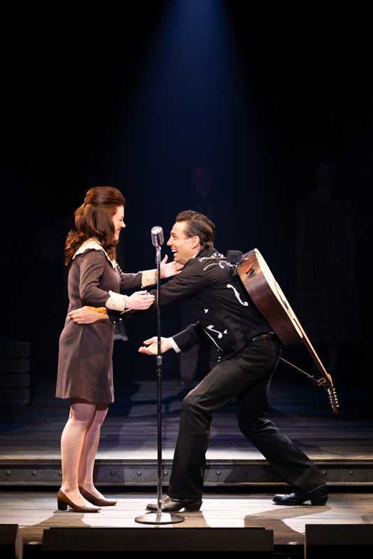 Patti Murin as “June Carter Cash” and Christopher Ryan Grant as “Johnny Cash” in La Jolla Playhouse’s world-premiere production of THE BALLAD OF JOHNNY AND JUNE; photo by Rich Soublet II.