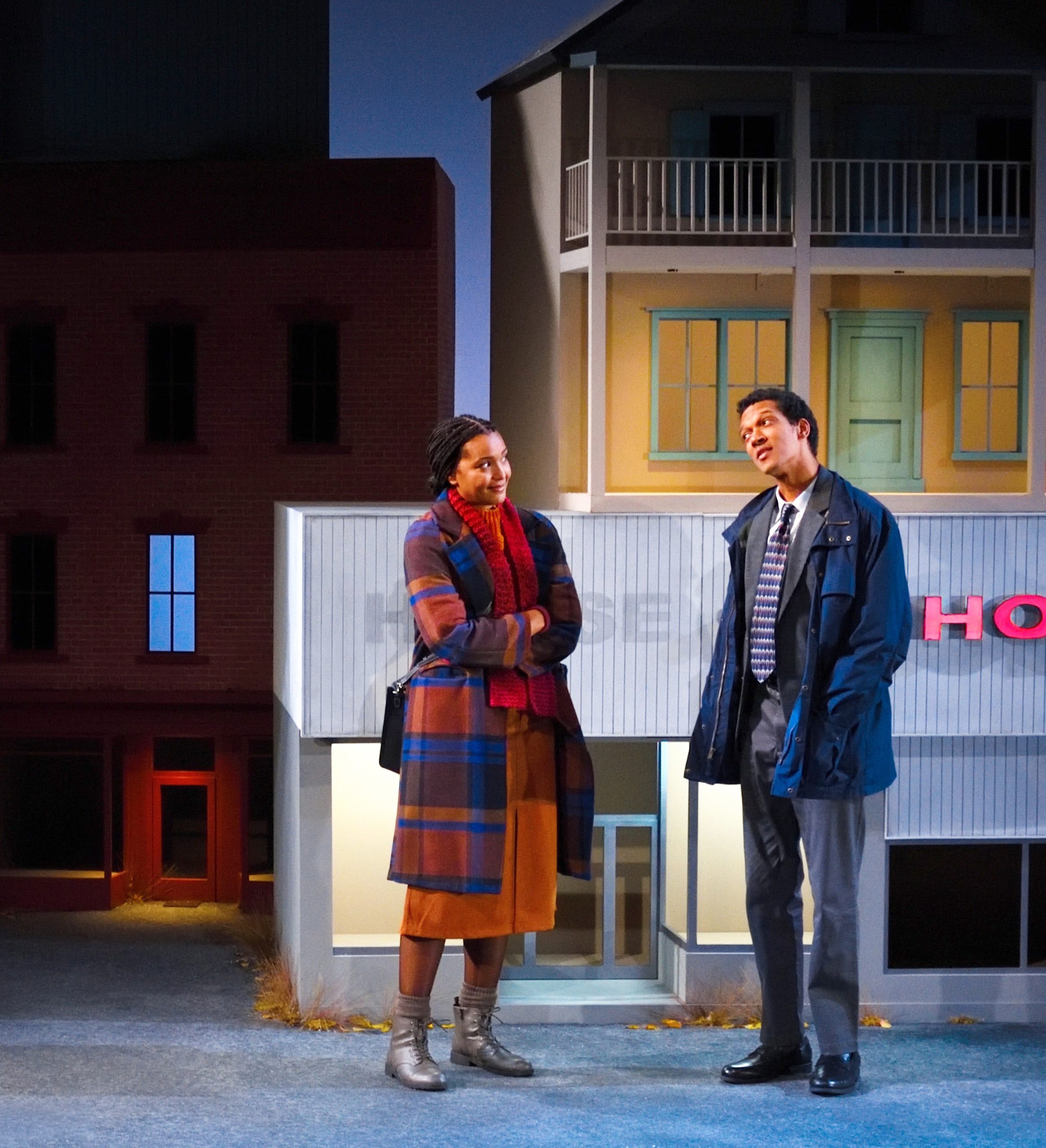 Caleb Eberhardt as “Kenneth” and Rebecca S’manga Frank as “Corinna” in La Jolla Playhouse’s West Coast-premiere production of PRIMARY TRUST; photo by Knud Adams.