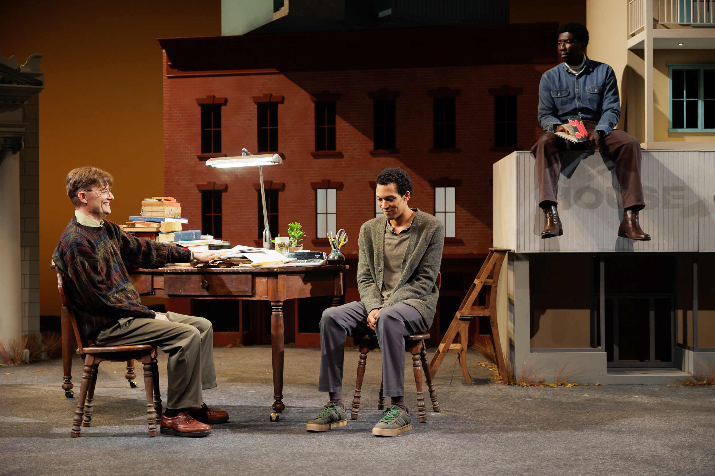 (L-R) James Urbaniak, Caleb Eberhardt and James Udom in La Jolla Playhouse’s West Coast-premiere production of PRIMARY TRUST; photo by Rich Soublet II.