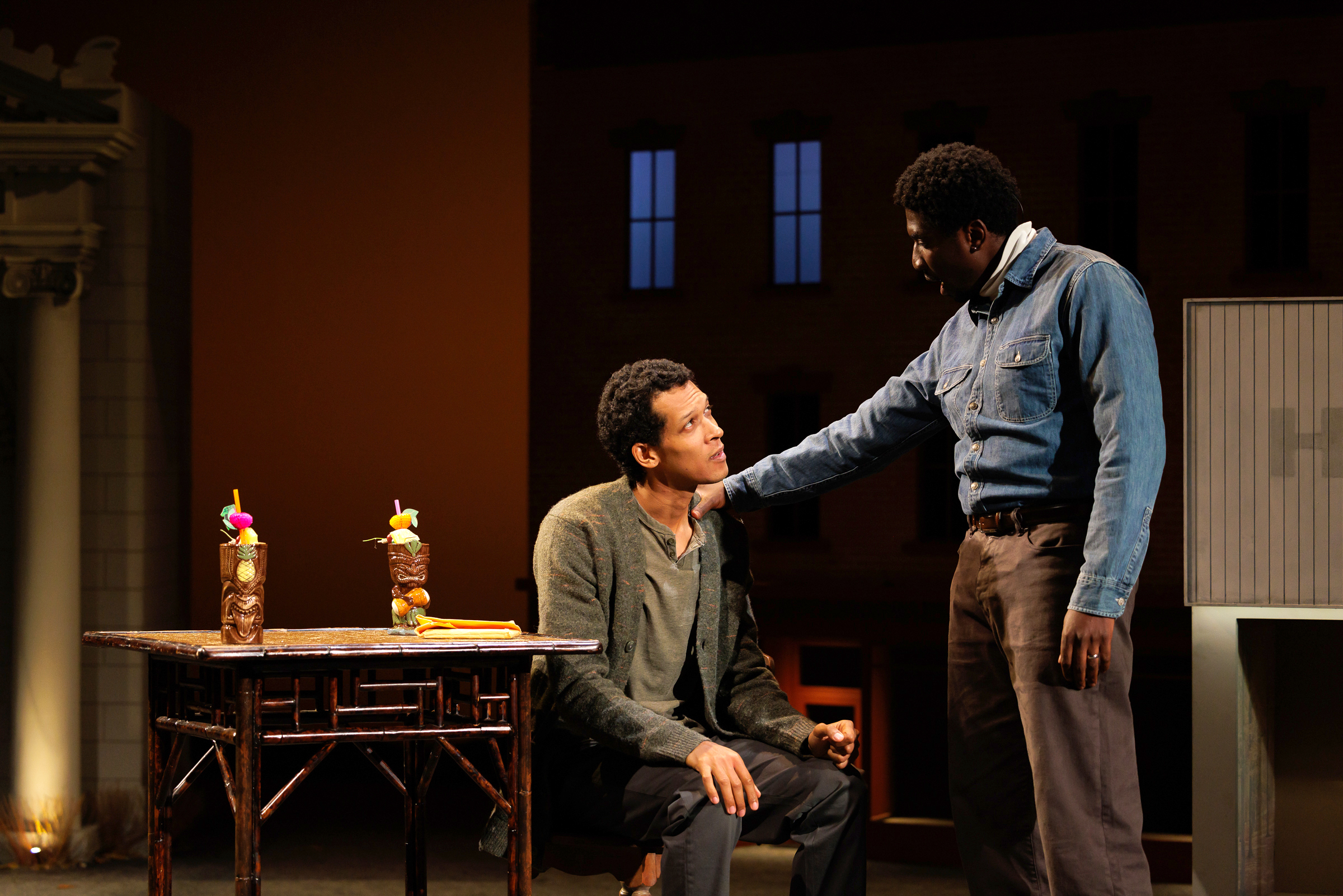 Caleb Eberhardt as “Kenneth” (left) and James Udom as “Bert” in La Jolla Playhouse’s West Coast-premiere production of PRIMARY TRUST; photo by Rich Soublet II.