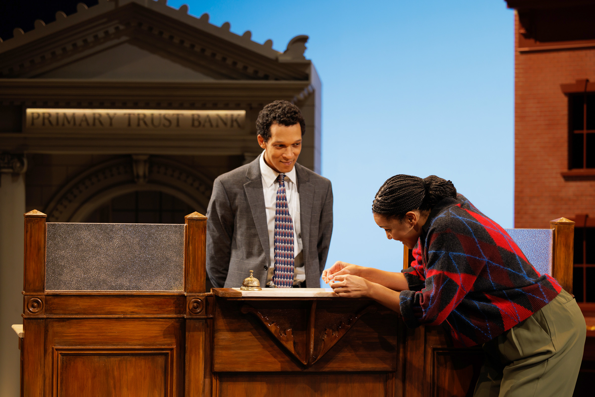 Caleb Eberhardt and Rebecca S’manga Frank in La Jolla Playhouse’s West Coast-premiere production of PRIMARY TRUST; photo by Rich Soublet II.