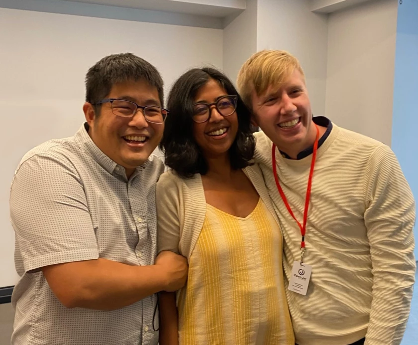 The “Bhangin’ It” musical creative team, from left, married bookwriters Mike Lew and Rehana Lew Mirza and composer Sam Wilmott. (La Jolla Playhouse)