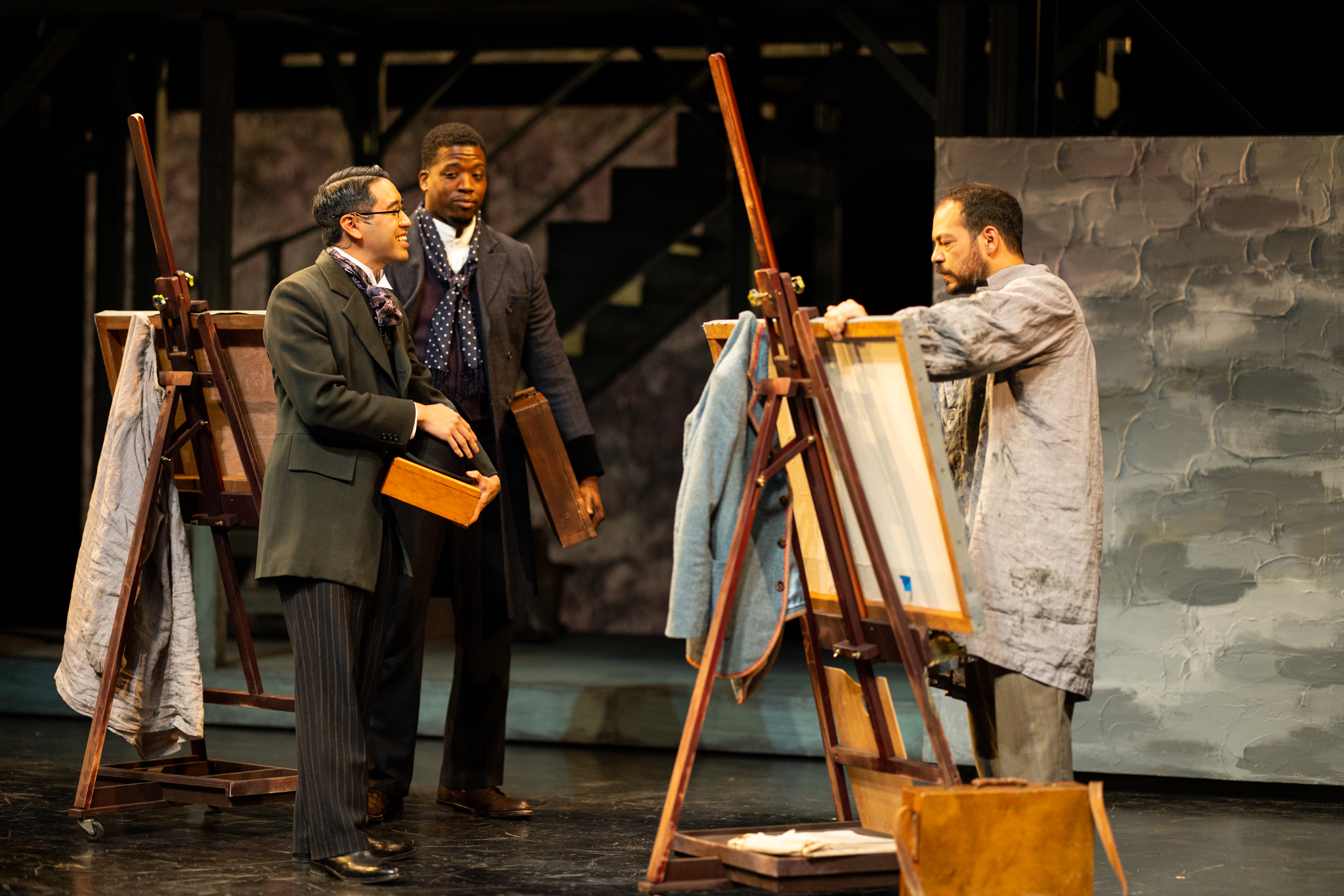 L-R: Alton Alburo as “Henri,” DeLeon Dallas as “ Bernard” and Paco Tolson as “Vincent” in La Jolla Playhouse’s world-premiere production of TO THE YELLOW HOUSE, by Kimber Lee, directed by Neel Keller; photo by Rich Soublet II.