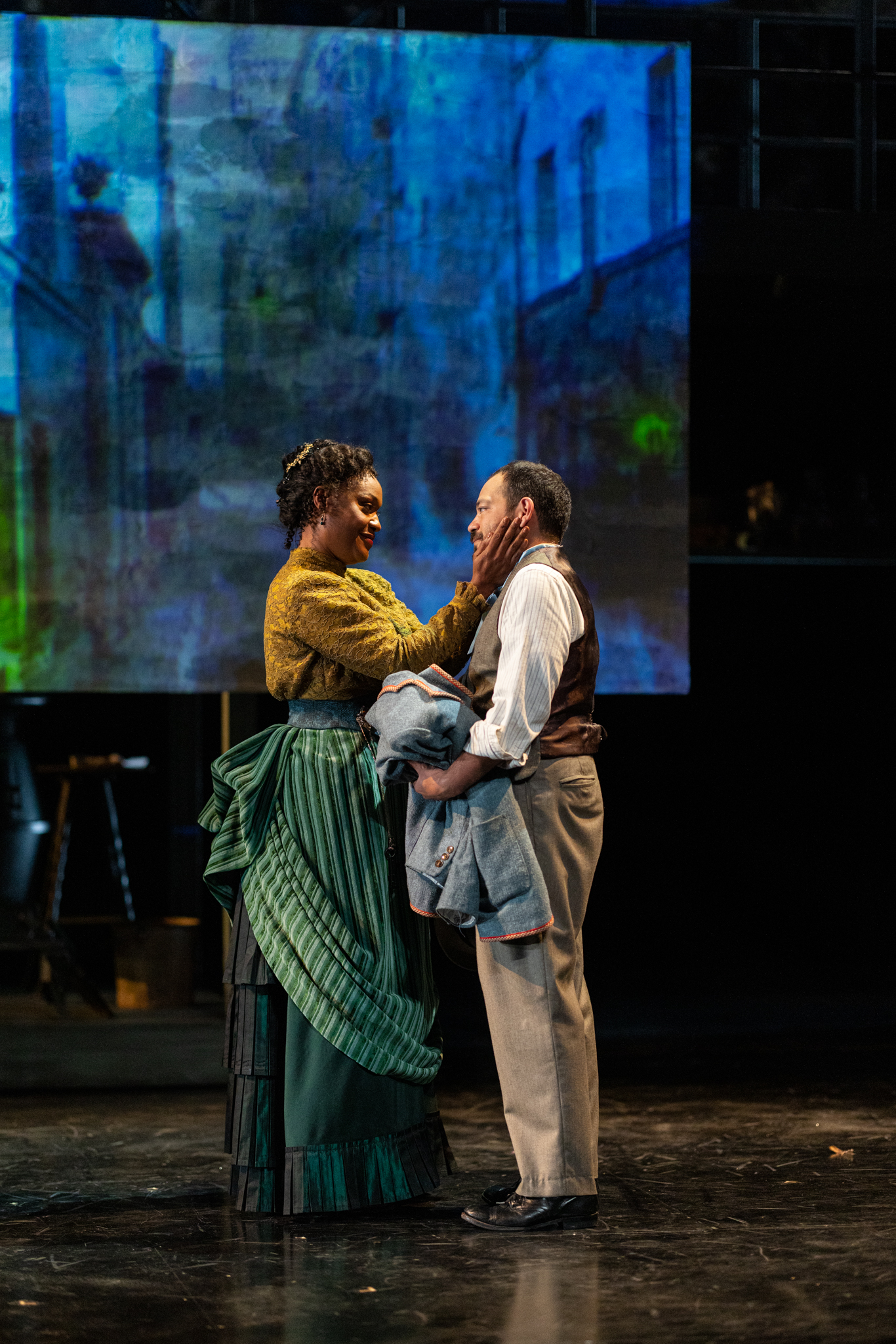 Deidrie Henry as “Agostina” and Paco Tolson as “Vincent” in La Jolla Playhouse’s world-premiere production of TO THE YELLOW HOUSE, by Kimber Lee, directed by Neel Keller; photo by Rich Soublet II.