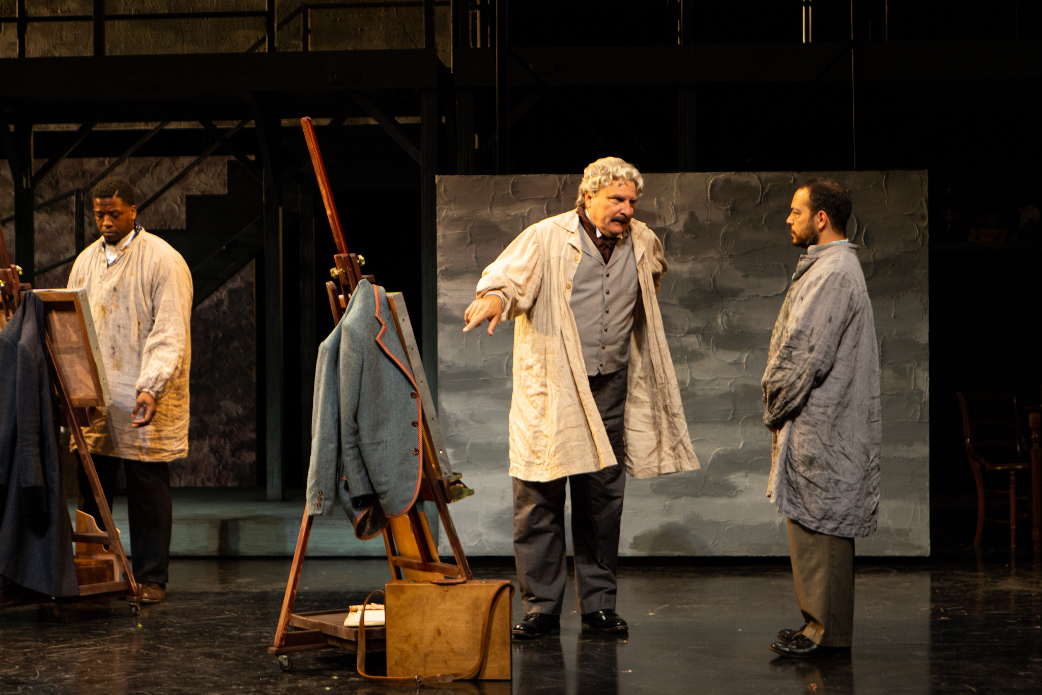 L-R: DeLeon Dallas as “Bernard,” Marco Barricelli as “Cormon” and Paco Tolson as “Vincent” in La Jolla Playhouse’s world-premiere production of TO THE YELLOW HOUSE, by Kimber Lee, directed by Neel Keller; photo by Rich Soublet II.